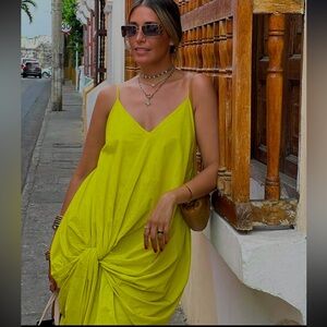Zara Neon Yellow Knot-Front Midi Dress